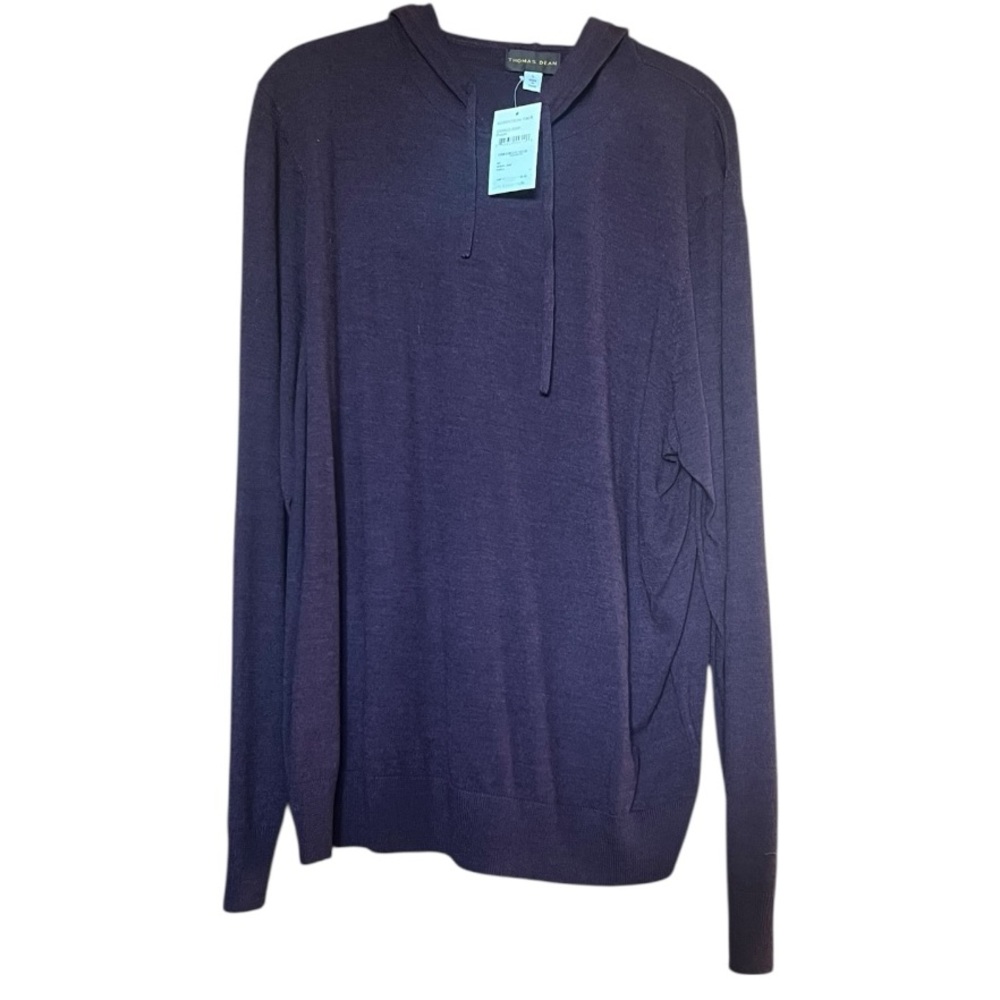 New Thomas Dean Plum Hooded ExtraFine Merino Wool Layering Sweater Sz Large